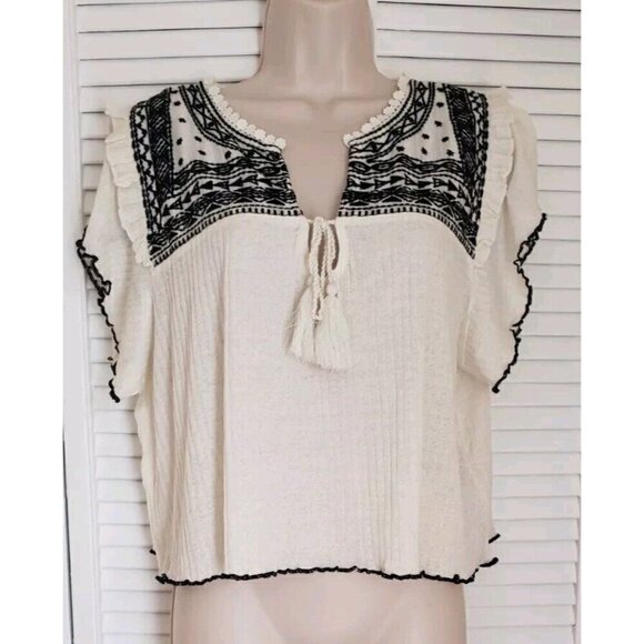 NEW FREE PEOPLE SARAFINA IVORY COMBO EMBROIDERED TASSEL TOP SZ MEDIUM - Picture 3 of 10